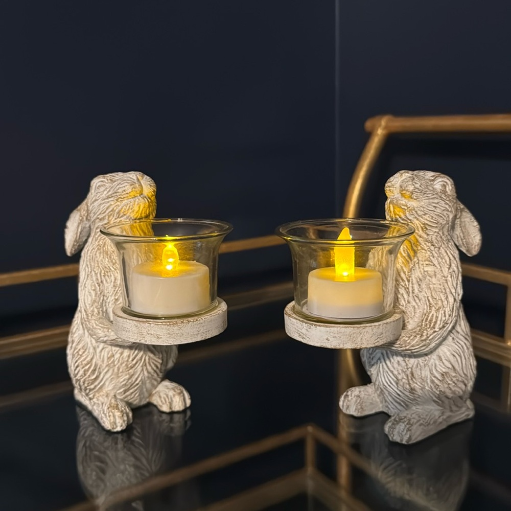 Pier 1 Rabbit Candle Holders - Cream with gold highlights